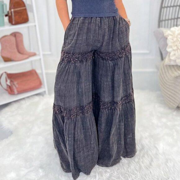 NWOT Oli & Hali Tiered Wide Leg Goth Lace Boho Smocked Pants - Picture 8 of 11